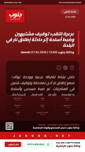 عرعرة النقب: الشرطة توقف مشتبهين بضلوعهما في حادثة إطلاق نار وتضبط أسلحة