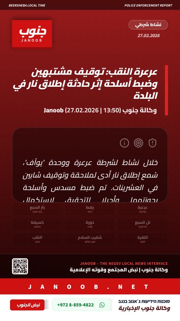 عرعرة النقب: الشرطة توقف مشتبهين بضلوعهما في حادثة إطلاق نار وتضبط أسلحة