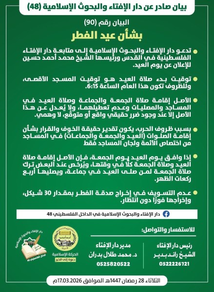 الإفتاء: القدس مرجعية العيد، صلاة 6:15، و30 شيكل صدقة الفطر