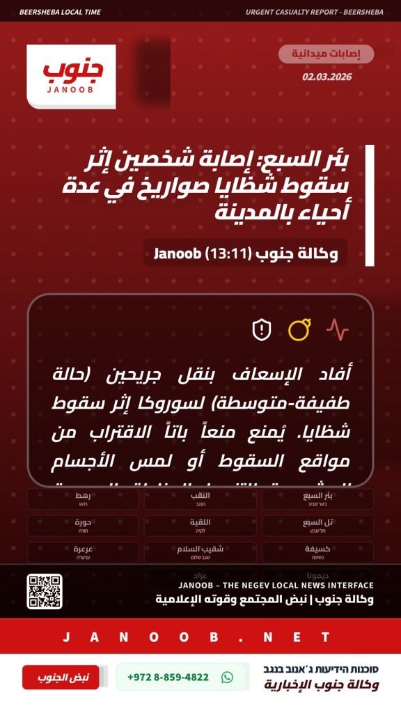 عاجل | بئر السبع: طواقم الإسعاف تنقل جريحين إثر سقوط شظايا صواريخ.. والشرطة تغلق مواقع السقوط